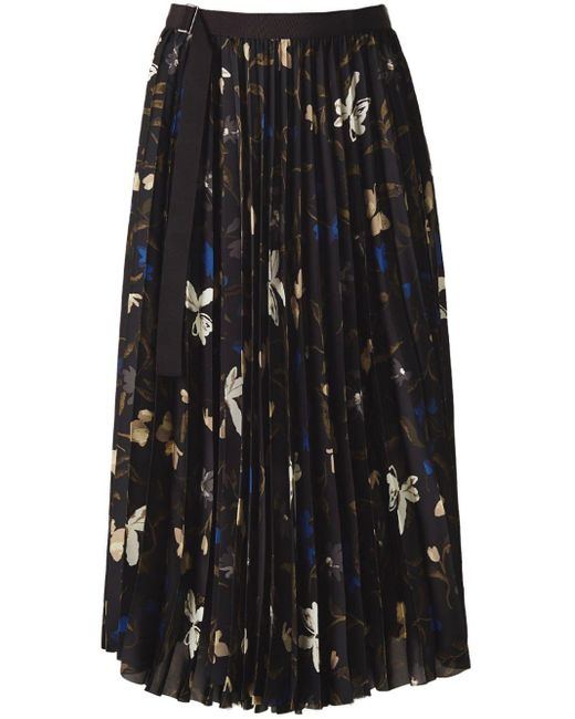 Sacai Black Floral-print Plissé Skirt