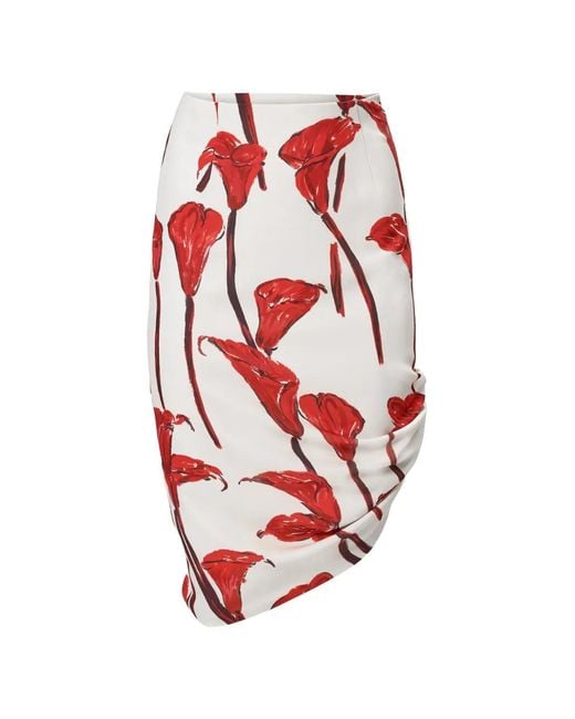 Carolina Herrera White Calla Lily-Print Asymmetric Midi Skirt