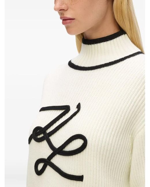 Karl Lagerfeld White Logo-Embroidered Ribbed Knit Sweater