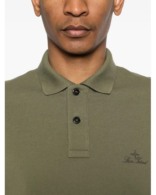 Stone Island Green Polo Brodé À Fermeture Boutonnée for men