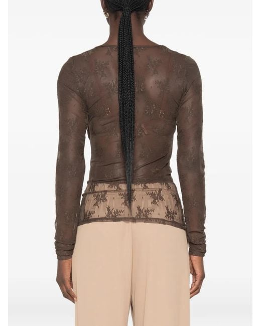 Imperial Brown Floral-Lace Long-Sleeve Top