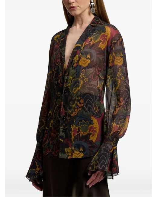 Ralph Lauren Brown Blouse Fleurie À Manches Longues Évasées