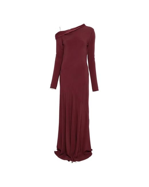 Alberta Ferretti Red Aymmetric-Neck Long-Sleeve Maxi Dress