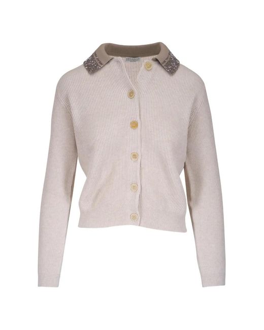 Brunello Cucinelli White Embellished-Collar Ribbed-Knit Cardigan