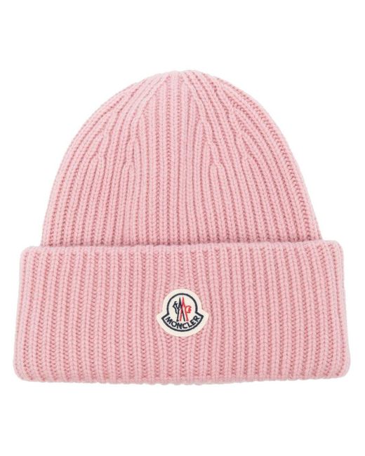 Moncler Logo-patch Ribbed Beanie in Pink | Lyst