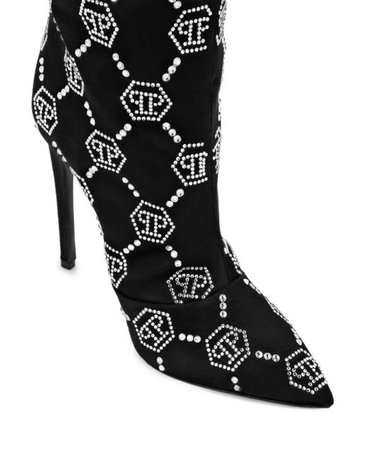 Philipp Plein Black Satin Boots High-Heels Mid Strass Monogram