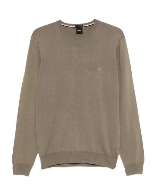 Boss Brown Logo-Embroidered Crew-Neck Sweater for men