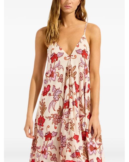 Seafolly Red Floral-Print Handkerchief-Hem Maxi Dress