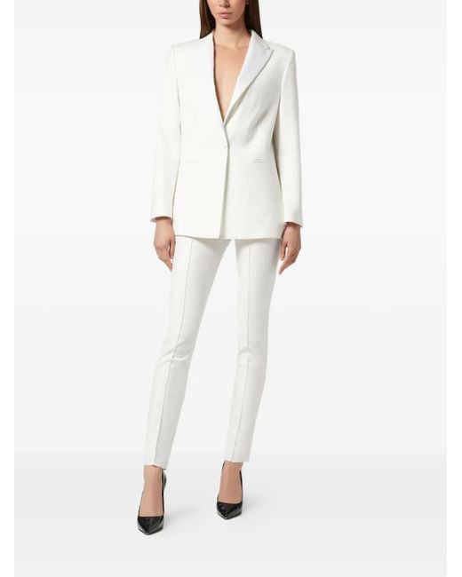 Philipp Plein White Satin-Lapels Embroidered Blazer