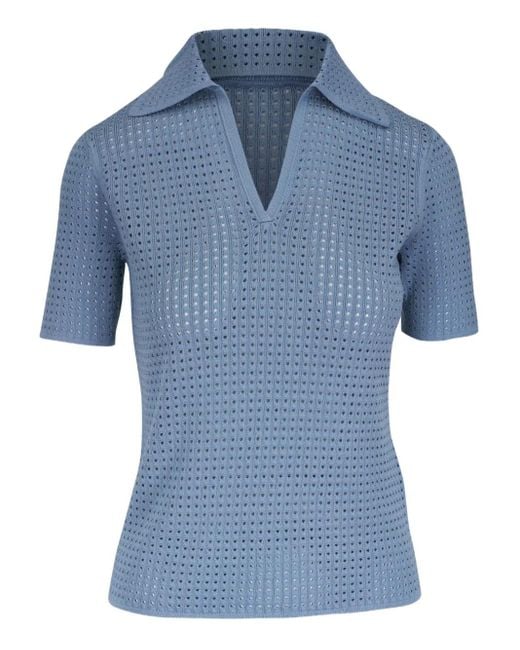 Lafayette 148 New York Blue Open-Knit Polo Top