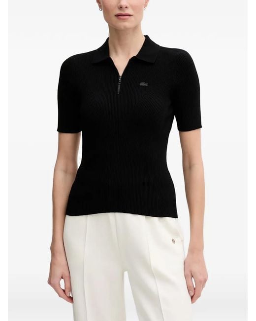 Lacoste Black Ribbed-Knit Zip-Up Polo Top