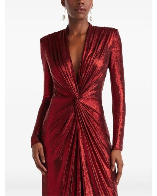 Tadashi Shoji Red Draped Twist-Front Long-Sleeve Gown