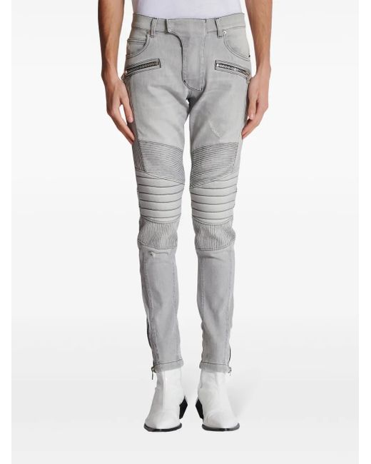 メンズ Balmain Biker ミッドライズ スリムジーンズ Gray
