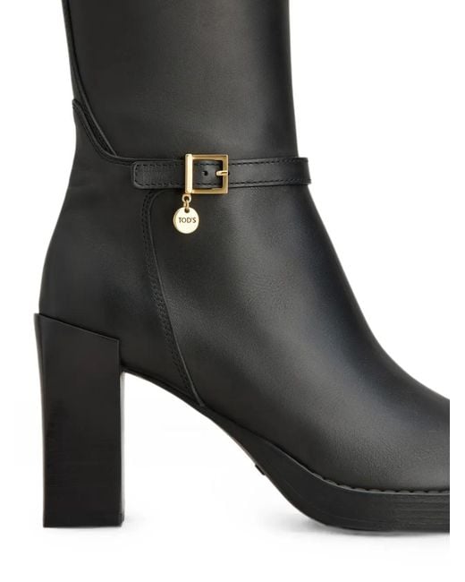 Tod's Black Buckle-Strap Logo-Pendant Ankle Boots