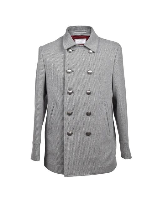 Brunello Cucinelli Gray Double-Breasted Pea Coat for men