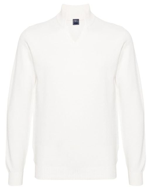 Fedeli White Stand-up Collar Cotton Jumper for men