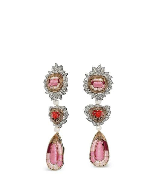 Celeste White Embroidered Garnet Ruby Earrings