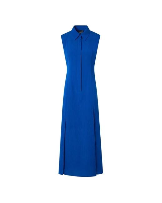Akris Blue Crinkled Sleeveless Shirt Midi Dress