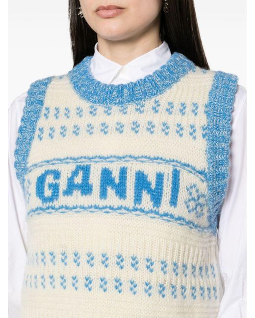 Ganni Blue Intarsien-Wollpullunder mit Logo