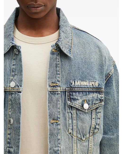 A Bathing Ape Blue Logo-Embroidered Denim Jacket for men