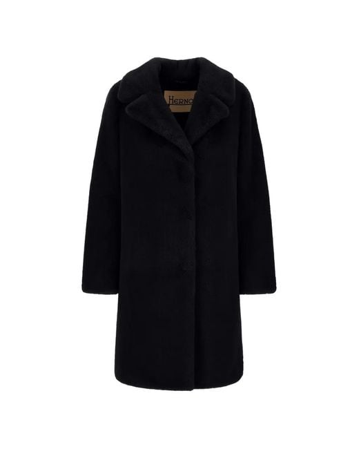 Herno Black Manteau En Fourrure Artificielle À Col À Revers