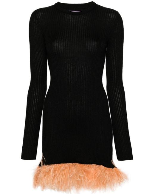 LaDoubleJ Black Feather-trim Ribbed-knit Minidress