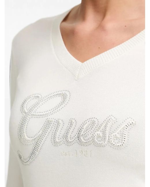 Guess White Embellished V-Neck Sweater