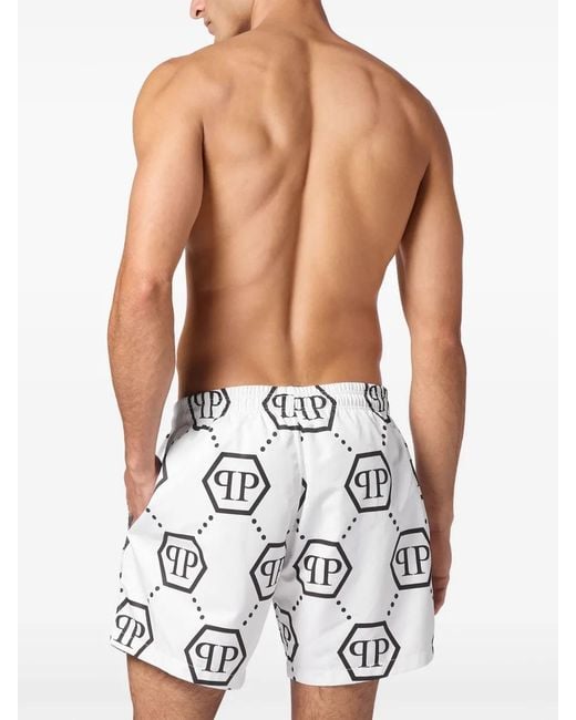 Philipp Plein White Monogram Jacquard Swim Shorts for men