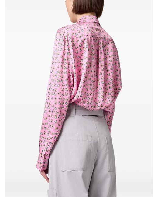 MSGM Pink Floral-Print Pussy-Bow Shirt