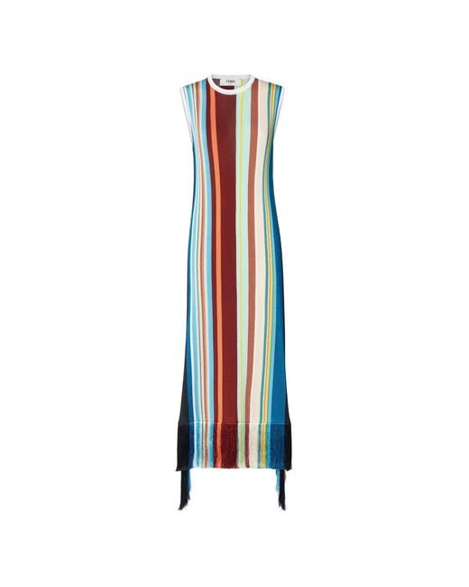 Fendi White Multicolour Striped Viscose-Yarn Dress