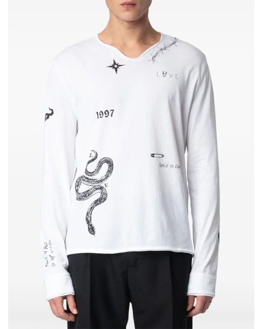 Zadig & Voltaire White Tattoo-Print Long-Sleeve T-Shirt for men