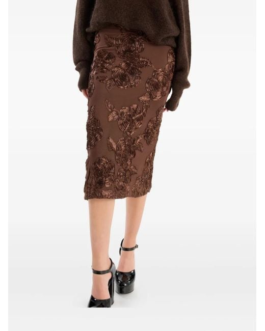ROTATE BIRGER CHRISTENSEN Brown Rose-Embellished Pencil Midi Skirt