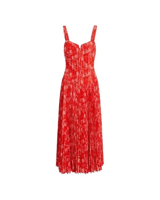Cinq À Sept Red Botanical Floral Pascual Pleated Midi Dress