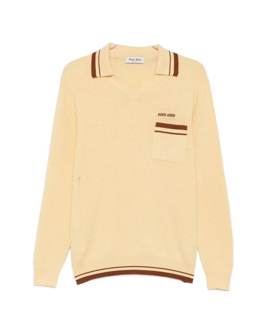 Miu Miu Natural Logo-Embroidered Striped-Trim Sweater