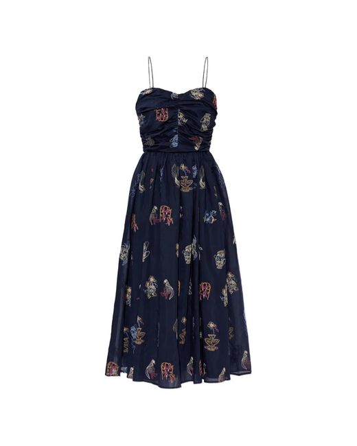Munthe Blue Nova Embroidered Ruched-Bodice Midi Dress