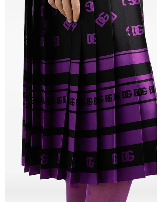 Dolce & Gabbana Purple Dg Logo- Long Pleated Silk Skirt
