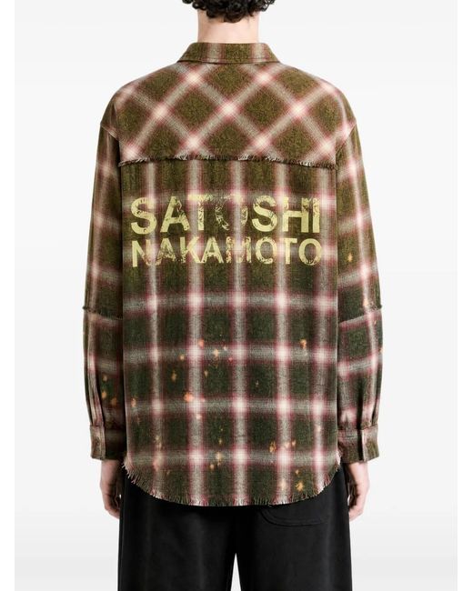 Satoshi Nakamoto Green Check-Pattern Frayed-Hem Shirt for men