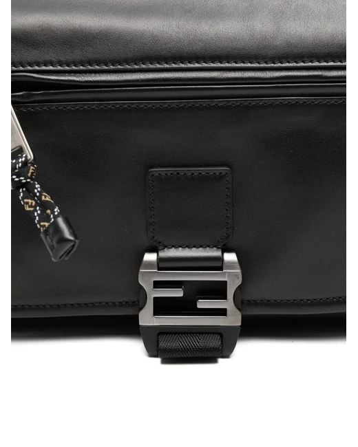 Fendi Black Flux Buckle Leather Messenger Bag for men