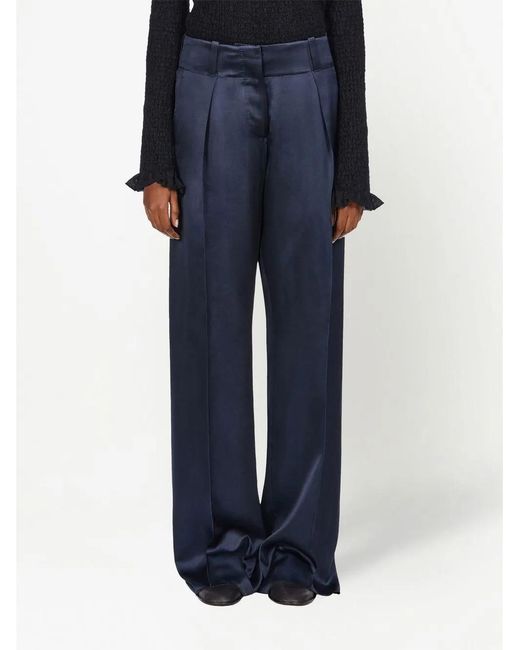 Ferragamo Blue Silk Wide-Leg Trousers