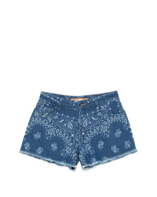 DON'T @ ME Blue Paisley-Print Frayed-Hem Denim Shorts