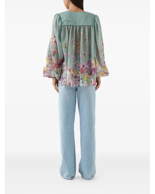 Aje. Gray Dreamscape Floral-Print Button-Up Blouse