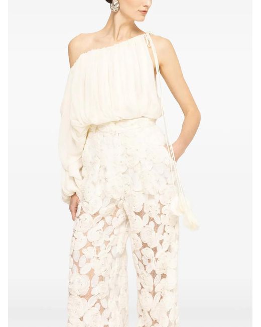 Nissa Natural Floral-Embroidery Wide-Leg Trousers