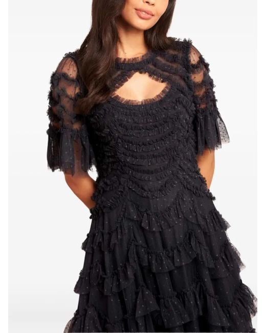 Needle & Thread Black Aviana Ruffled Short-Sleeves Maxi Dress
