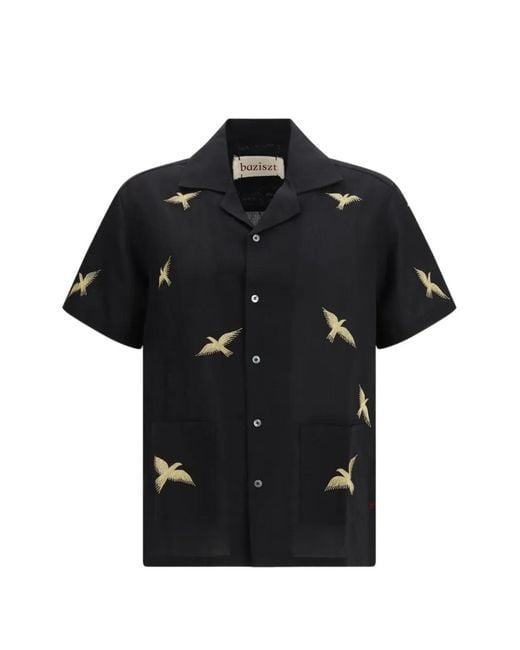 BAZISZT Black Bird-Embroidered Pocket Shirt for men