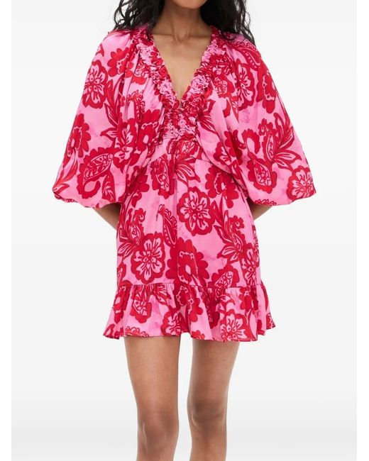 Sundress Red Marine Ruffled Floral-Print Mini Dress