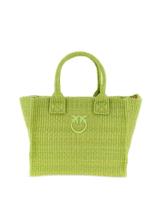 Pinko Green Love Birds Diamond Woven Tote Bag