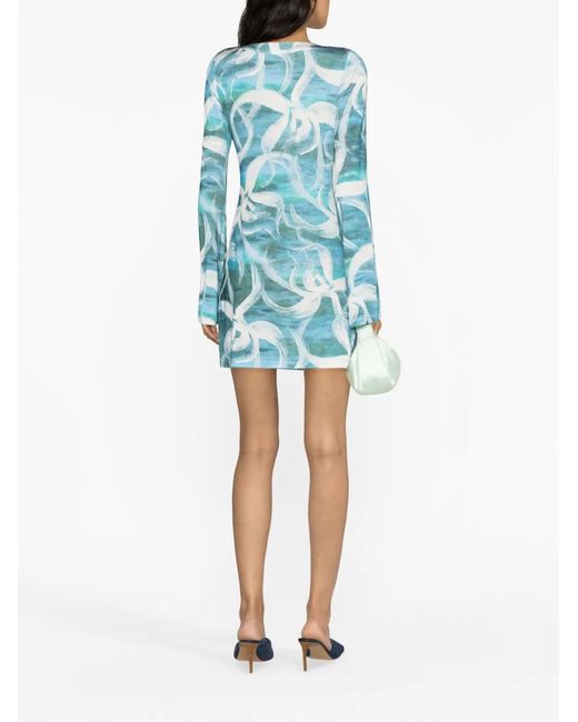 Louisa Ballou Blue Floral-Print Long-Sleeve Minidress