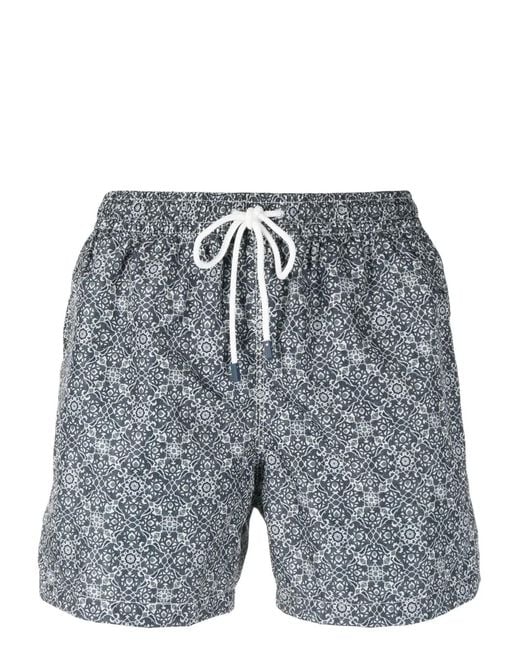 Fedeli Gray Graphic-Print Drawstring Swim Shorts for men