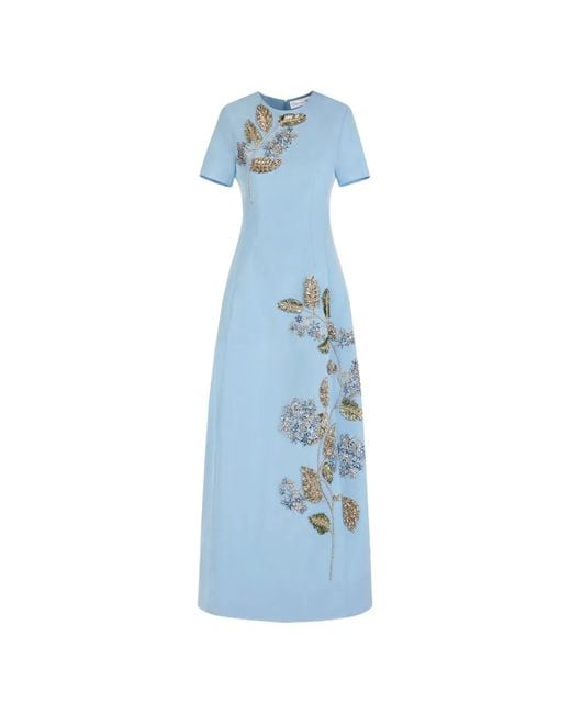 Oscar de la Renta Blue Crystal Flower-Embroidered Faille Dress