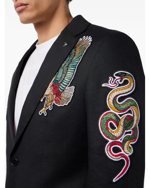 Philipp Plein Black Gigolo Fit Blazer Tattoo Embroidery for men